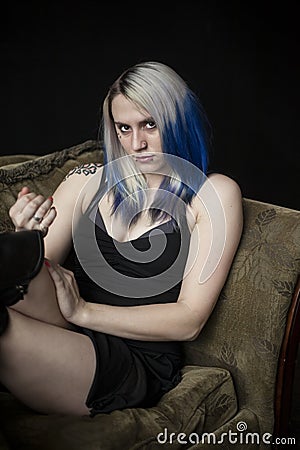 portrait beautiful young woman blue hair very short black dress 29801991