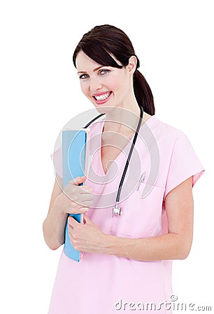 Portrait Of A Brunette Nurse Holding A Stethoscope Stock 