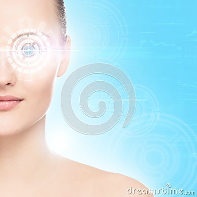Portrait of a caucasian girl with a virtual eye