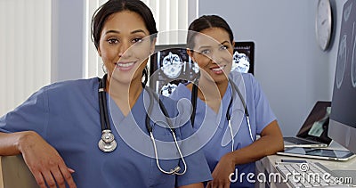 Portrait of Hispanic and African American doctors sitting at computer