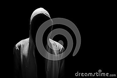 Portrait of Invisible man in hood isolated on black