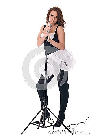Long Cool Womanblack Dress on Portrait Of Woman In Black Dress With Microphone Stock Images   Image