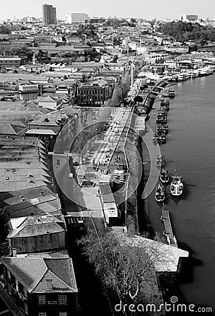 Portugal. Porto city. View of Douro river embankment in black a