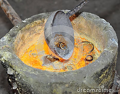 Pouring of liquid metal in open hearth workshop of the metallurgical plant