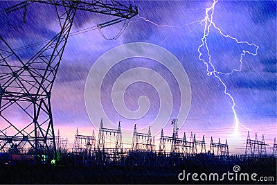 Power Distribution Station with Lightning Strike.