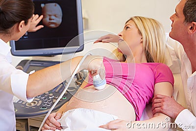 Pregnant Woman And Partner Having 4D Ultrasound Scan