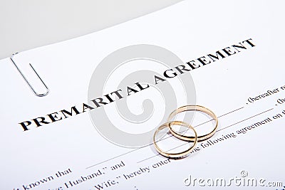 Prenuptial Agreement form and two wedding rings