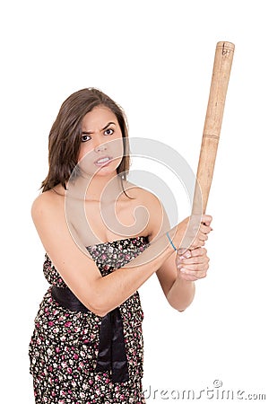 Pretty lady with a baseball bat, isolated on white