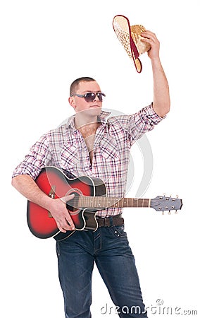 Pretty man with cowboy hat and guitar