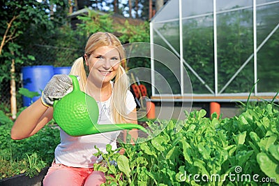 Pretty woman gardener watering salad