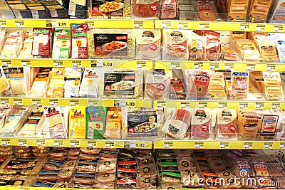 Processed meat products in grocery store