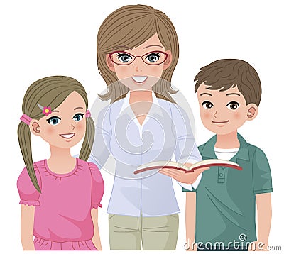 Profesor de escuela joven y alumnos felices
