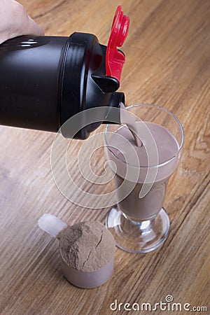 Protein shake, shaker and round scoop