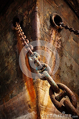 Prow old ship with anchor chain