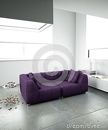 Purple sofa in minimalist interior