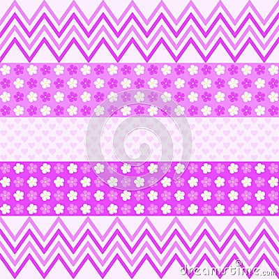 Purple zigzag pattern, flowers and small hearts