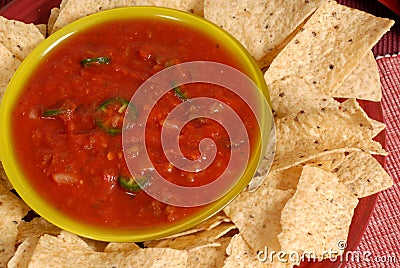 Pverhead view of a bowl of salsa with tortilla chips