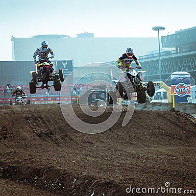 Quad bike race at EICMA 2013 in Milan, Italy