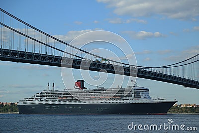 Queen Mary 2 cruise ship in New York Harbor under Verrazano Bridge heading for Transatlantic Crossing from New York to Southampton