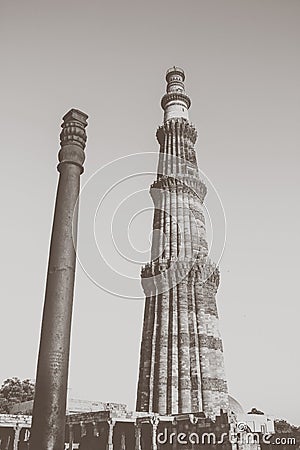 Qutub minar with iron pillar, vintage edited