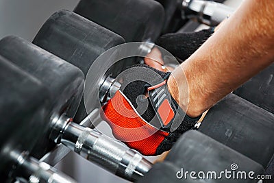 Rack with metal dumbbells in gym.