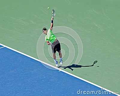 Rafael Nadal of Spain Hits serve during US Open.
