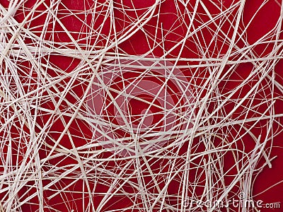 Raffia strands over red, abstract lines background
