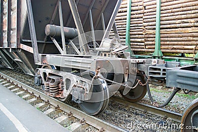 Railroad car wheels on rails closeup