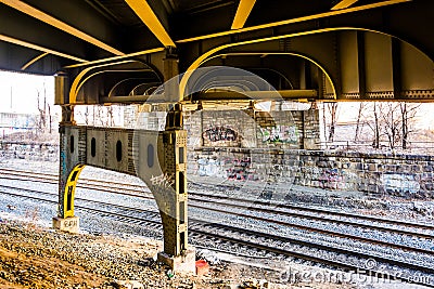 Railroad tracks under the Howard Street Bridge in Baltimore, Mar
