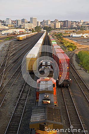 Railroad Yards Boxcars Cargo Containers Train Tracks Downtown