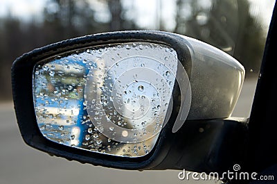 Rain on a car mirror