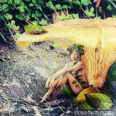 Rain in fantasy land. woman Forest nymph