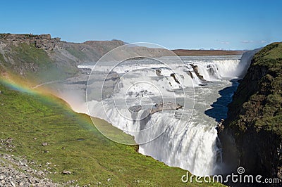 Rainbow above Gullfoss (golden falls) waterfall, Iceland