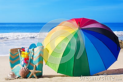 Rainbow umbrella and beach bag