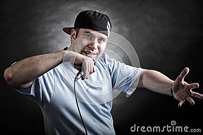 Rap singer man with microphone cool hand gesture