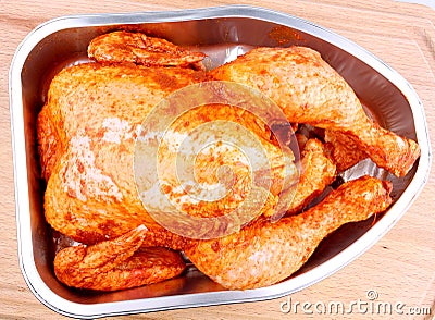 Raw chicken in aluminum foil tray closeup