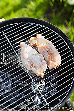 Raw chicken fillet breast cooking on barbeque grid