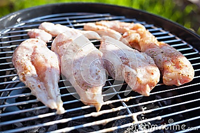 Raw chicken fillet breast cooking on barbeque grid