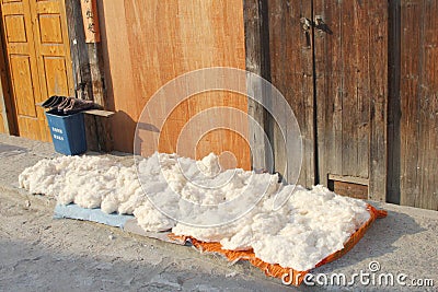 Drying raw cotton in the street, Xingping, China