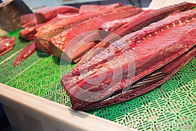 Raw fresh tuna on display in a market in Spain