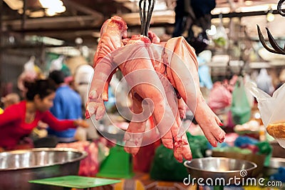 Raw pork for sale at asian food market. Cambodia