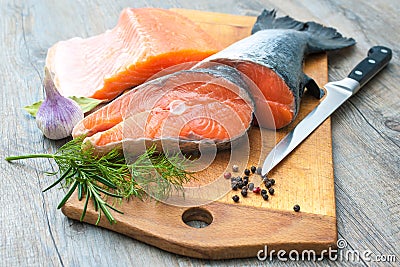 Raw salmon fish steaks