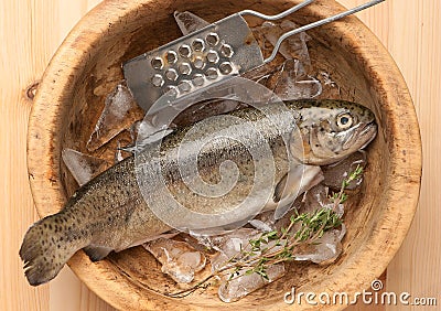 Raw trout fish with ice in wooden bowl