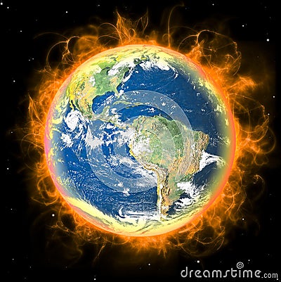 Real Earth Planet in space. Red fire sun.