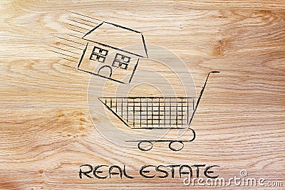 Real estate market, house into shopping cart