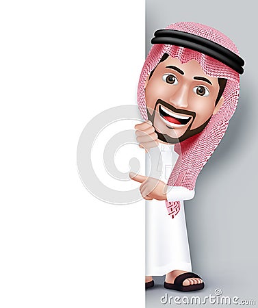 Realistic Smiling Handsome Saudi Arab Man Character - realistic-smiling-handsome-saudi-arab-man-character-d-posing-thobe-dress-pointing-his-hand-white-blank-board-text-54731367