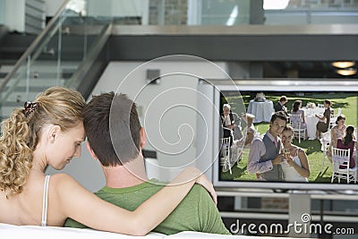 Rear view of young couple watching television in living room