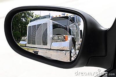 Rearview car driving mirror overtaking big truck