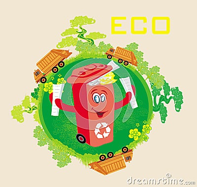  red bin with papers, ecology concept with landscape and garbage