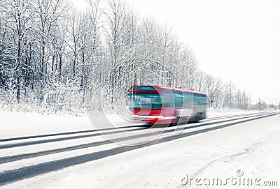 Red bus in winter